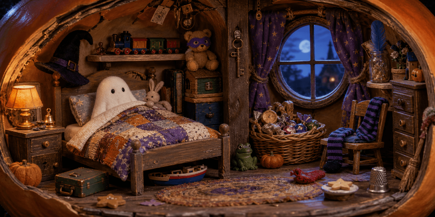 A friendly little ghost tucked into a patchwork bed in a cozy miniature room.