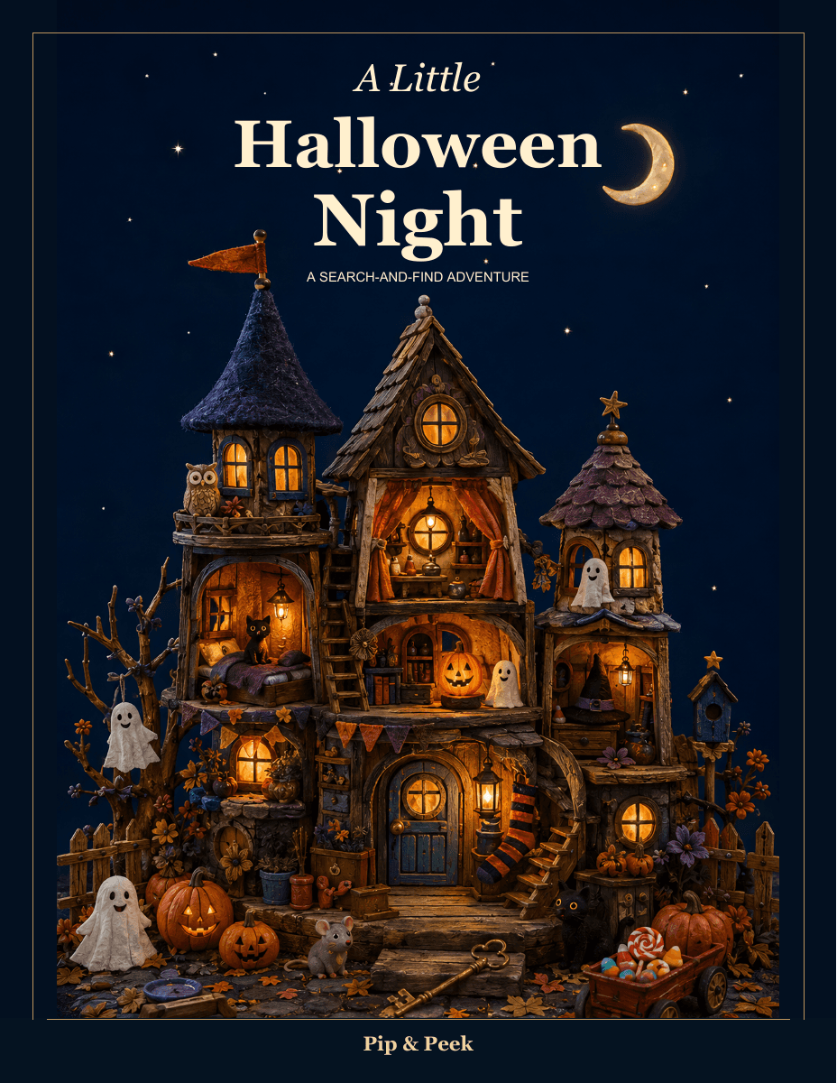 A Little Halloween Night by Pip & Peek. A miniature haunted house with glowing windows and friendly ghosts.